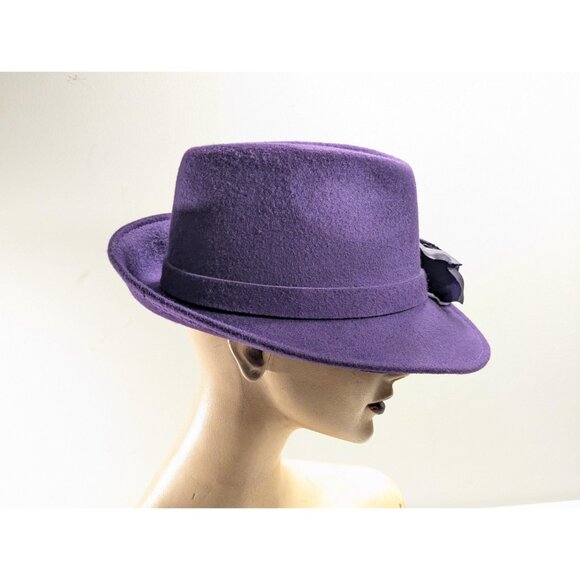 Deep Purple Wool fedora, TEMPTATION Italy purple wool fedora with flower made in - Picture 4 of 10